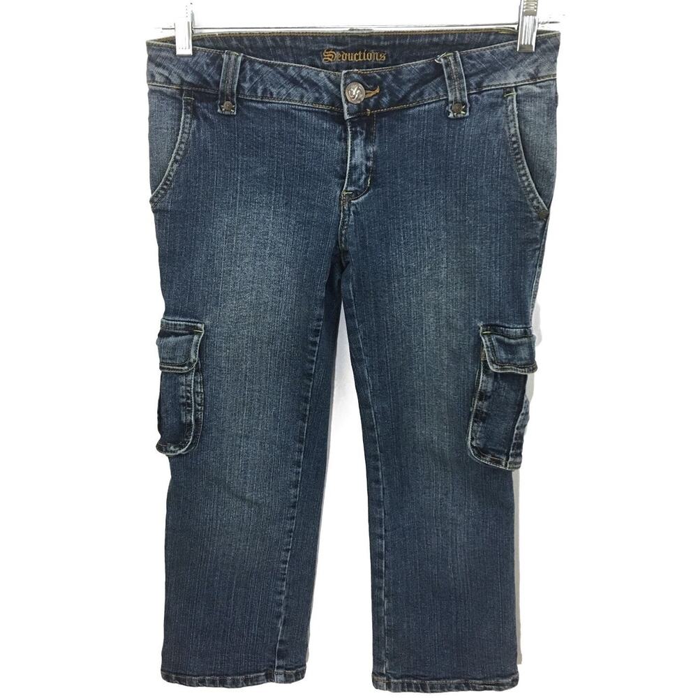 Seductions Cargo Pocket Capri Jeans Juniors 3 Stretch Y2K Classic Casual Skater